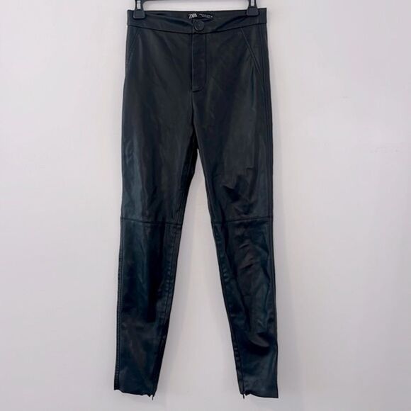 Zara Black Skinny Faux Vegan Leather Pants With Zipper Ankles XS - Picture 1 of 15